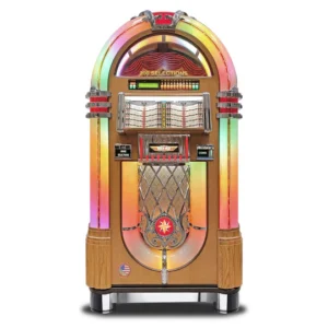 rock ola bubbler vinyl 45 jukebox in light oak with bluetooth