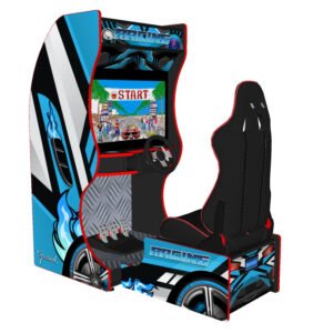 racing simulator with 32 inch screen, 120w subwoofer and racing seat blue themed